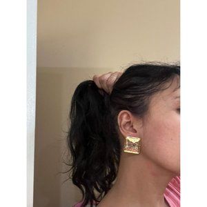Big gold earrings square  , gold studs large hammered metal earring retro chunky